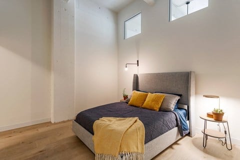 A bedroom with a bed, a small table with a plant, and a lamp.